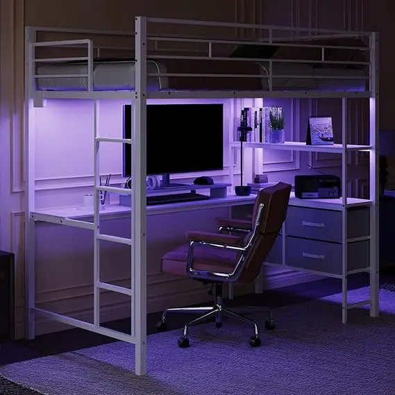 Twin Metal Loft Bed Frame With 15" Safety Guardrail, Non-Slip Ladder, 2 Charging Stations, L-Shaped Desk, and Storage Shelves