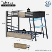 Bunk Bed with Desk, Twin Over Twin Metal Bunk Beds with Power Outlets, RGB LED Lights, 2 Larger Storage Drawers, Bed with Safety
