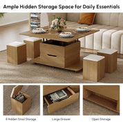 FurnishSpot Natural Lift-Top Coffee Table with Hidden Storage | 3-in-1 Multifunction Center Table with 4 Stools