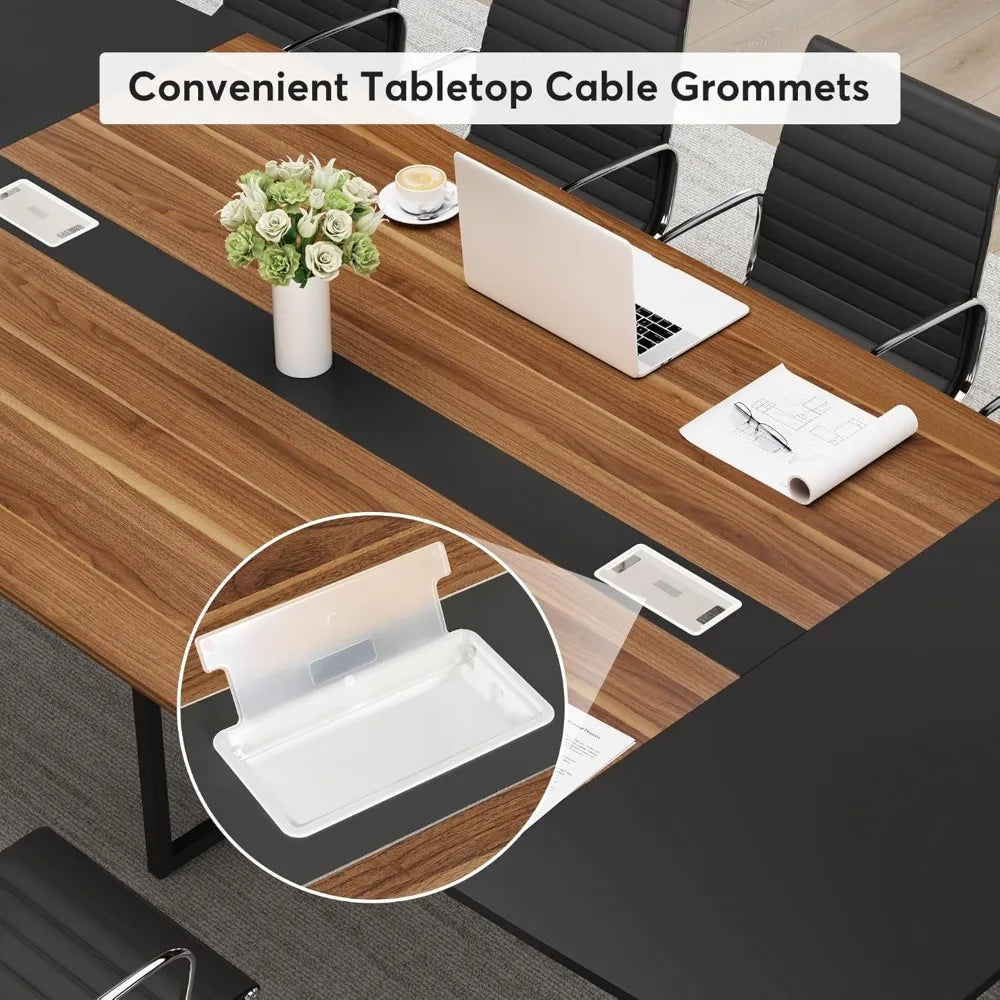 8FT Conference Table, 94.48L x 47.24W x 29.52H Inches Boat Shaped Meeting Table with Rectangle Grommet, Modern Seminar Boardroo