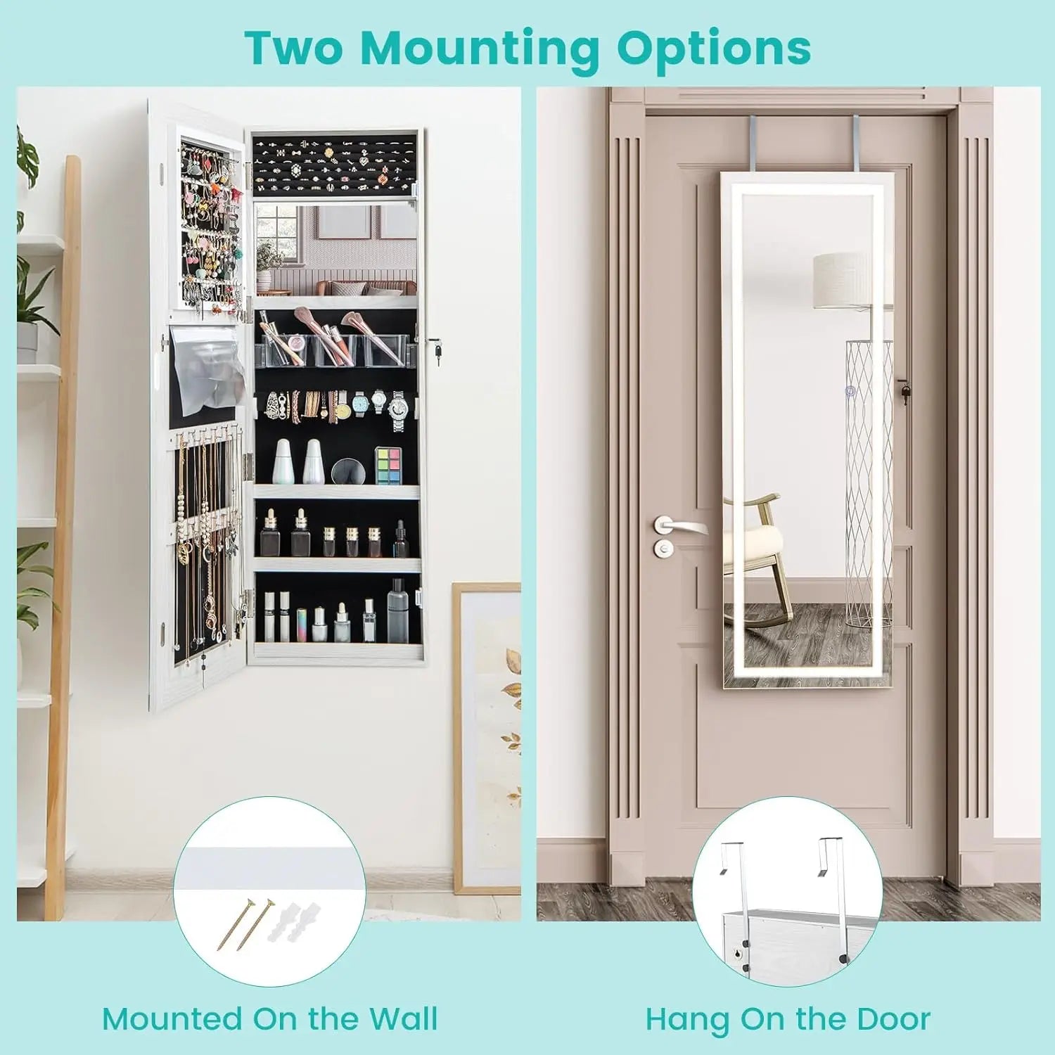 LED Jewelry Armoire with Adjustable Lighted Full-Length Mirror | Wall Mounted or Over Door