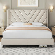 Bed Frame Upholstered Platform Bed w/Wing Side/Wooden Slat Support/Tufted Headboard w/Wing Side, No Box Spring Needed