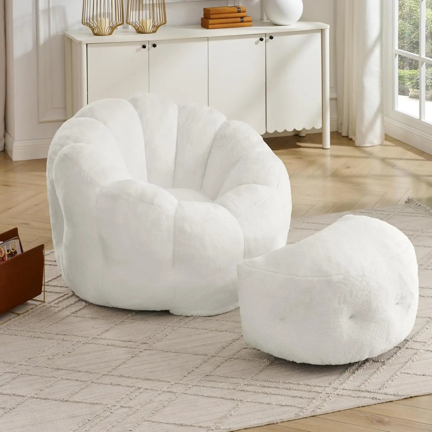 Flower Bean Bag Chair with Ottoman for Adults,Large Beanbag Chair with Artificial Rabbit Fur Fabric,Comfy Single Sofa
