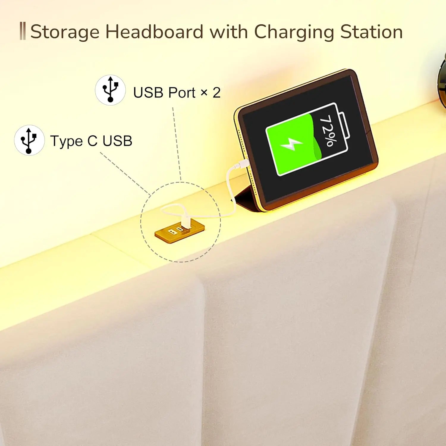 King Size Bed Frame with Velvet Headboard and LED Lights， Storage Headboard Platform Bed with Charging Station