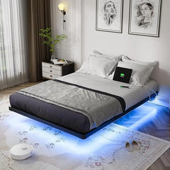 Floating Bed Frame Full Size w/Smart LED Lights & Charging Station -  Metal Platform Bed, Easy Assembly No Box Spring Needed