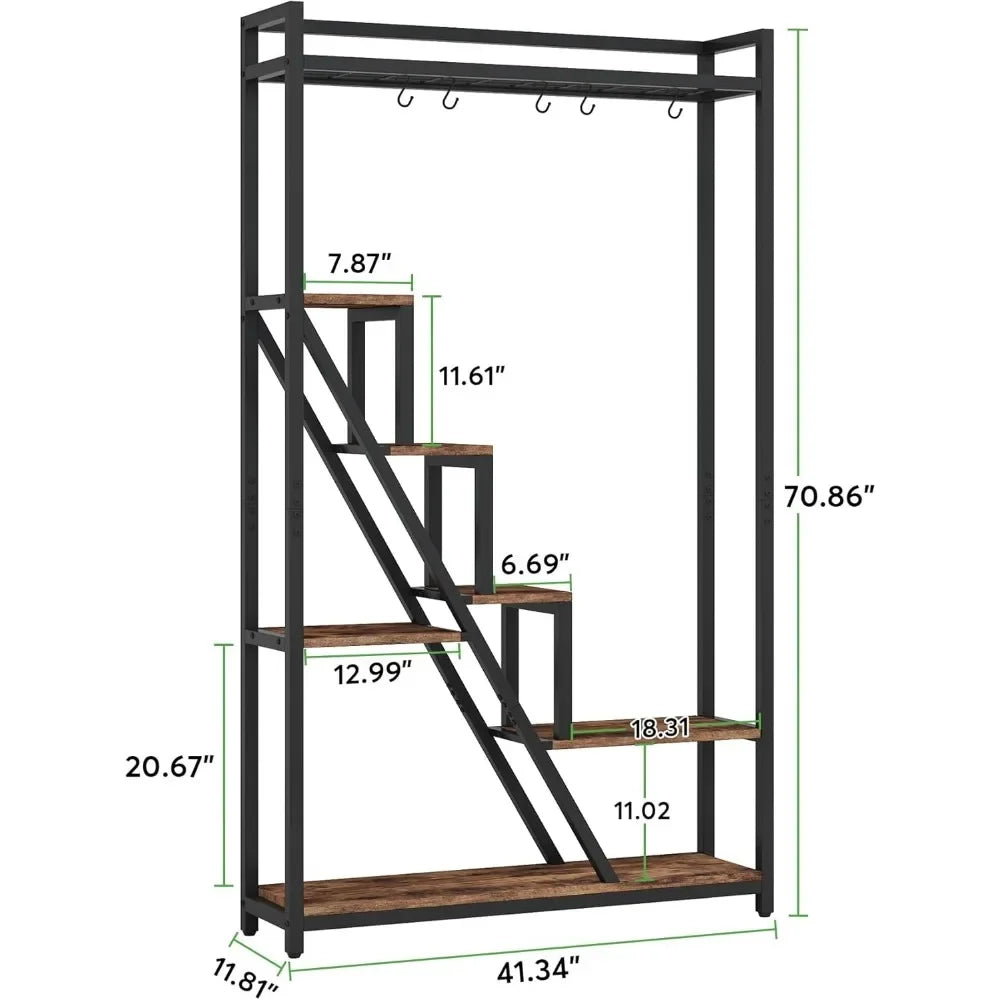 70.9" Tall Indoor Plant Stand, 7-Tier Large Plant Shelf with 5 S-Hooks, Industrial Wood Flower Stand Display Rack For