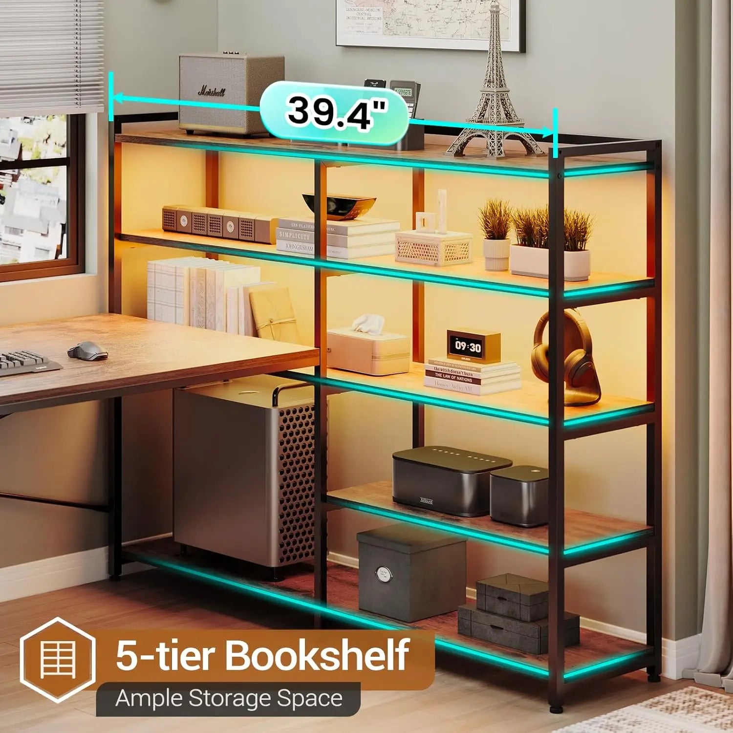 Corner Computer Desk, Reversible U Shaped Office Desk with 3 Fabric Drawers and Power Outlet, Corner Gaming Desk with LED Lights