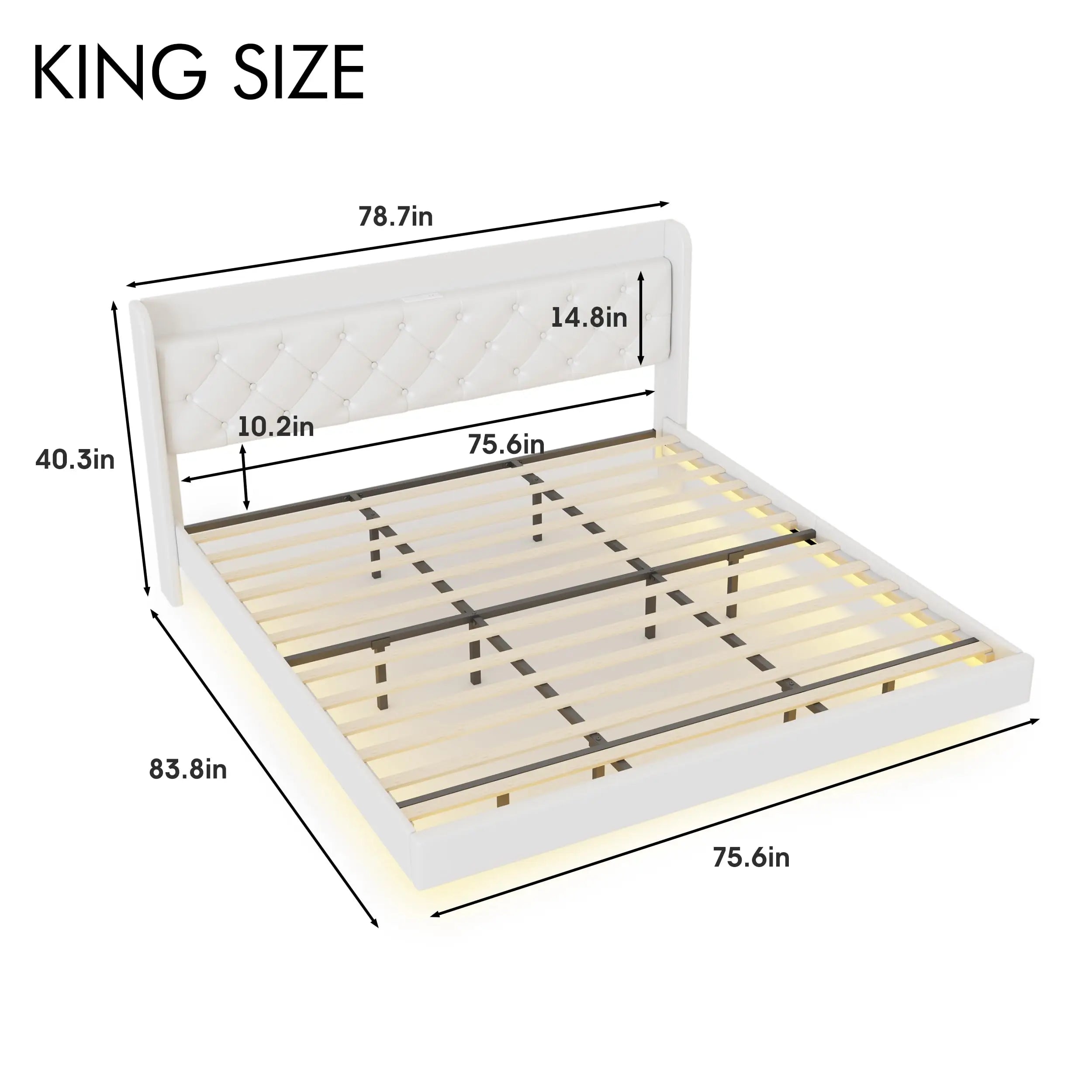 Vabches Floating Queen Bed Frame with LED Lights Upholstered PU Leather Platform Bed Frame with Power Outlet Storage Headboard