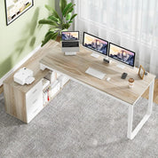 L-Shaped Desk with Drawers and Shelves, 55" Craft Desk with Storage, Removable Monitor Stand, Reversible L-Shaped Desk