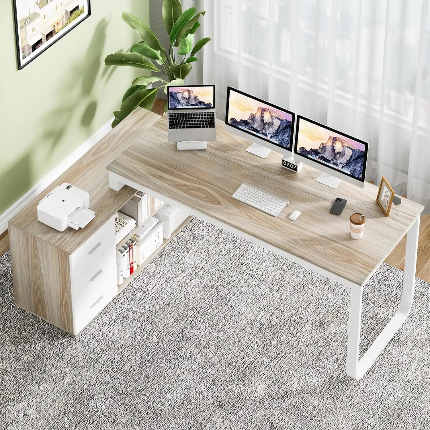 L-Shaped Desk with Drawers and Shelves, 55" Craft Desk with Storage, Removable Monitor Stand, Reversible L-Shaped Desk