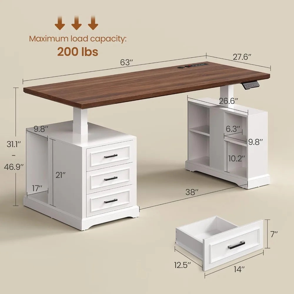 SmartHealth™ Farmhouse Electric Standing Desk – 63" Height Adjustable Computer Desk with 3 Drawers & Storage Shelves