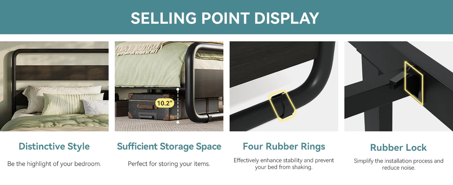 Metal Bed Frame with Curved Wooden Headboard & Footboard