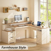 FurnishSpot SpaceSmart™ L-Shaped Executive Desk with Storage & Power – Farmhouse Style