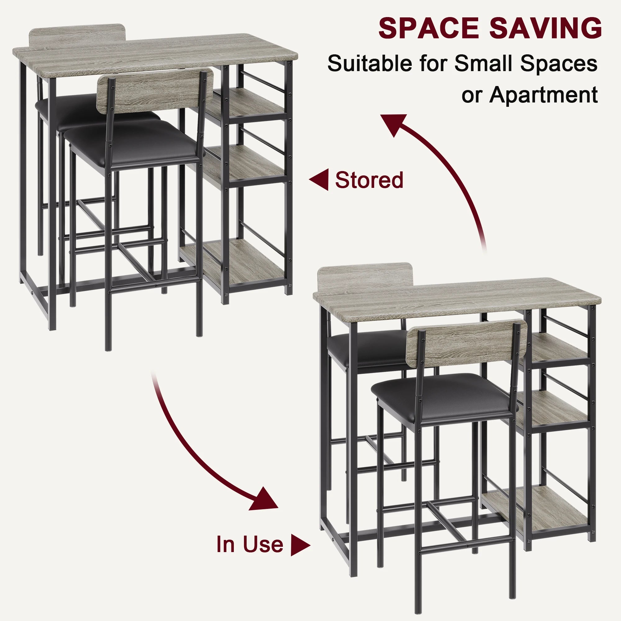 FurnishSpot® Counter Height Dining Table Set with Storage Shelves & Padded Stools – 3-Piece Space-Saving Set