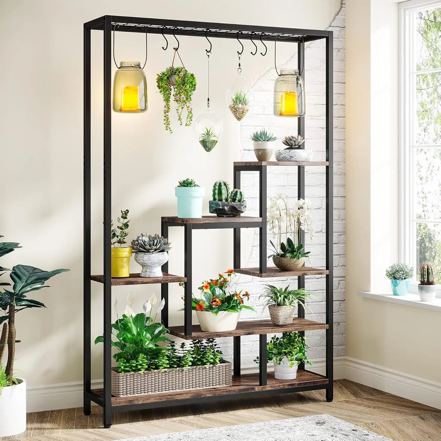 Indoor Plant Stand, 70.9 inches Large Metal Plant Shelf with 6PC S Hanging Hooks