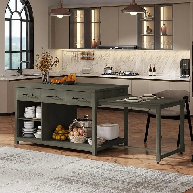 74.5" Kitchen Island with Extendable Dining Table,Rolling Kitchen Island on Wheels, Storage Cart with 4 Door Cabinet, Spice Rac
