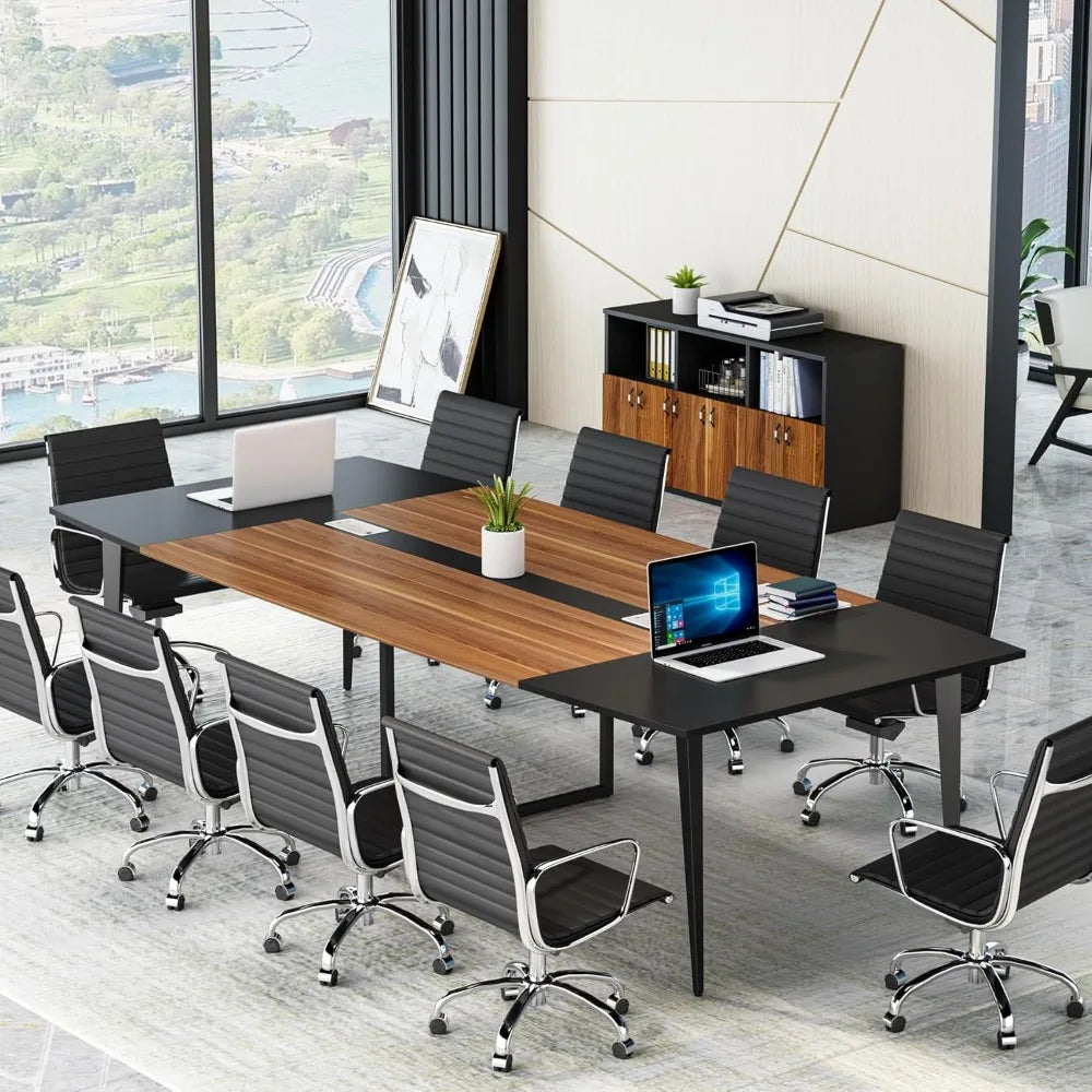 8FT Conference Table, 94.48L x 47.24W x 29.52H Inches Boat Shaped Meeting Table with Rectangle Grommet, Modern Seminar Boardroo