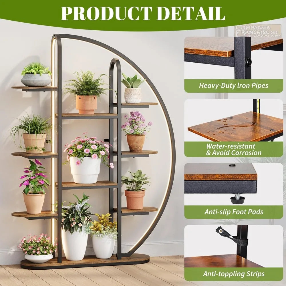 Big Plant Stand Indoor with Grow Lights and LED Light, 61”Tall Metal Plant Shelf Flower Stand for Multiple Plants, 9 Tier Moon-S