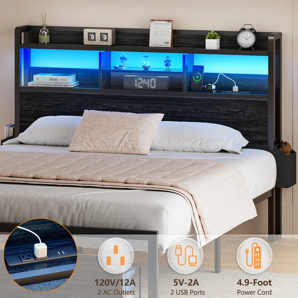 Full/Queen Size Bed Frame with Storage Headboard, Metal Platform Bed Frame with Storage Drawers, LED Lights and Charging Station