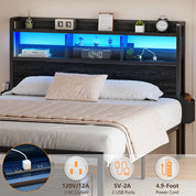Full/Queen Size Bed Frame with Storage Headboard, Metal Platform Bed Frame with Storage Drawers, LED Lights and Charging Station