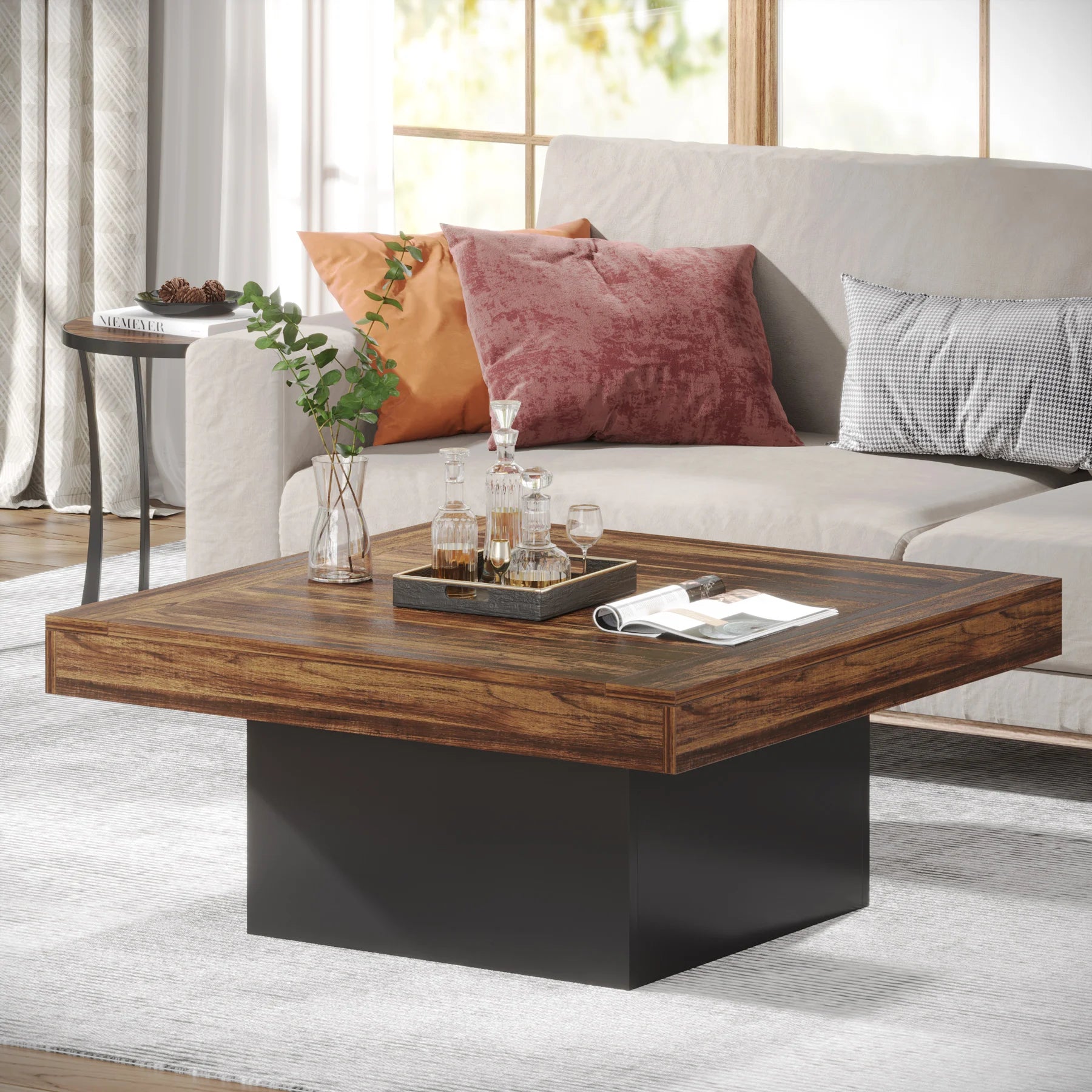 FurnishSpot Square Wooden Coffee Table – Modern Minimalist Coffee Table for Living Room