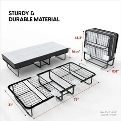 Folding Bed with Mattress - 75x31 Cot Size Frame - Portable Rollaway Guest Bed with 5-inch Memory Foam Mattress - Space-Saving