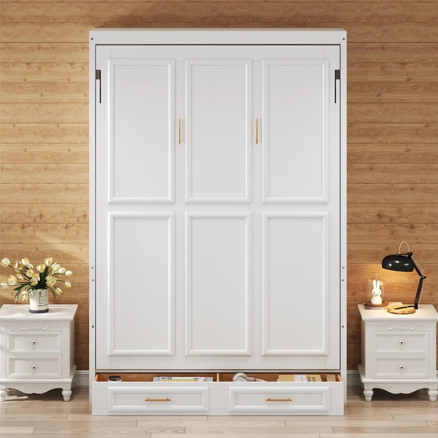 FurnishSpot™ Full Size Murphy Bed with Storage Drawers – Vertical Fold-Down Wall Bed Cabinet