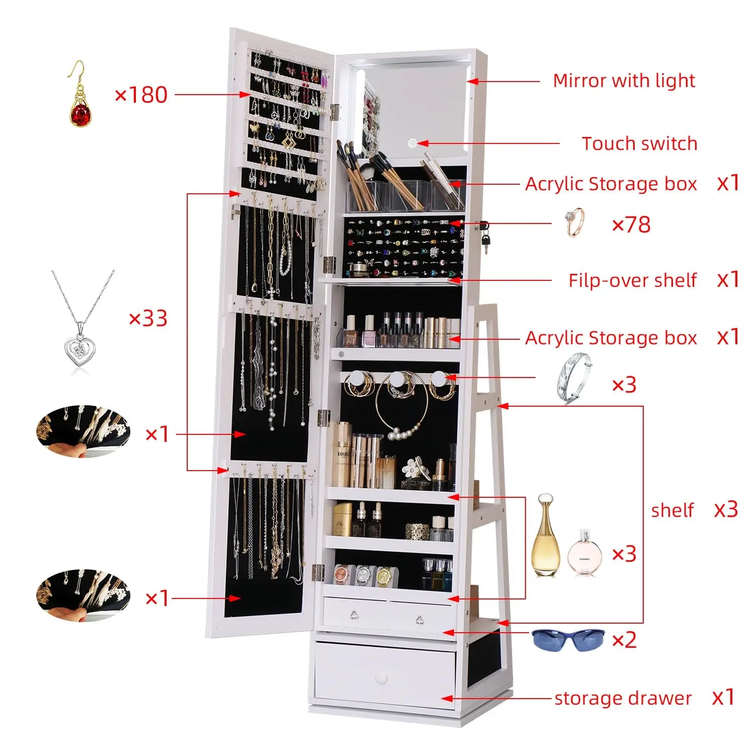 63.7" Lockable Rotating Jewelry Armoire with Full Length Mirror | Standing Storage Cabinet