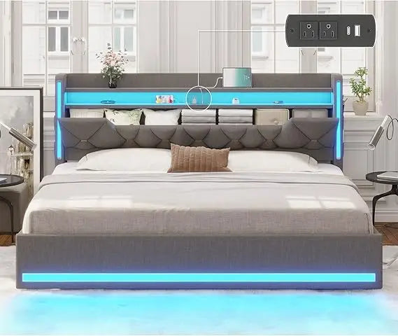 King Size Bed Frame with Marshmallow Headboard and Storage, Metal Bed Frame with LED Lights & Charging Station, Upholstered Plat