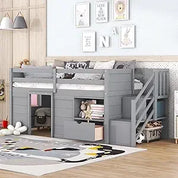 Playful Design Full Size Low Loft Bed with Slide and 3 Storage Drawers, Multiple Functions Wooden Loft Bed Frame with 2 Doors fo