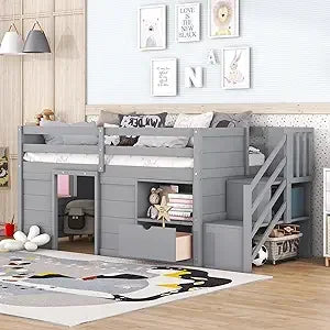 Playful Design Full Size Low Loft Bed with Slide and 3 Storage Drawers, Multiple Functions Wooden Loft Bed Frame with 2 Doors fo
