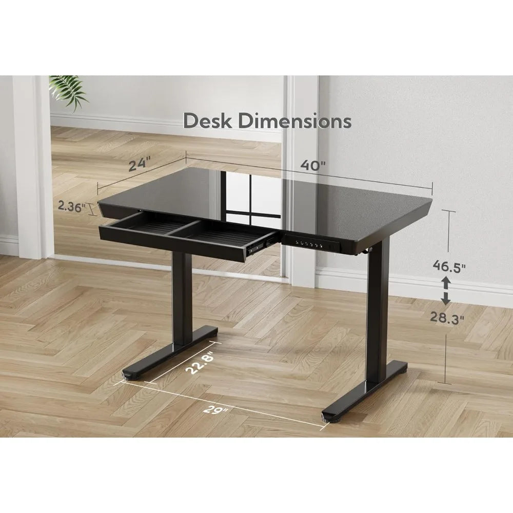 Glass Standing Desk with Drawers, 40 Inch Adjustable Stand Up Desk, Quick Install Home Office Computer Desk with USB Ports, Blac