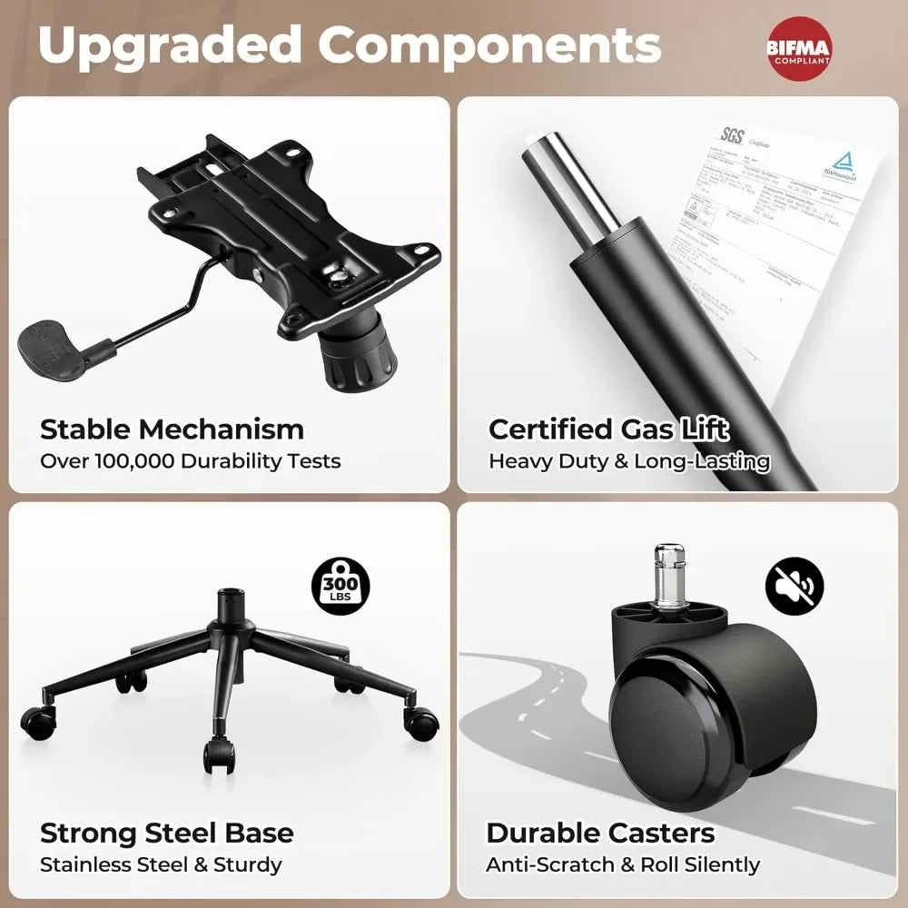 Ergonomic Home Office Chair, Mid-Century Modern Leather Chair with Lumbar Support, High Back Swivel Rolling Executive Chair