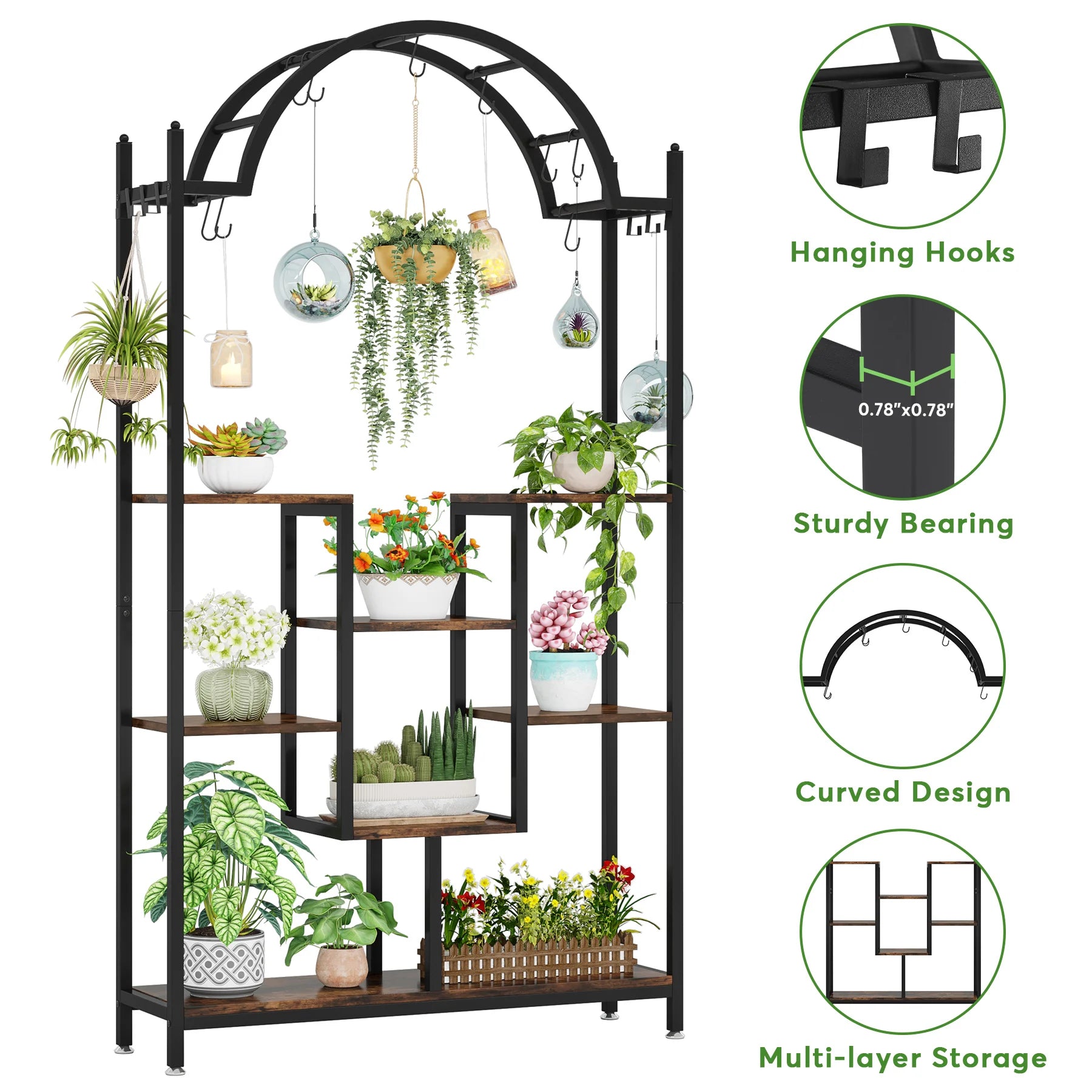 Tribesigns 5-Tier Tall Indoor Plant Stand, 74.8'' Arched Metal Flower Shelf with Hanging Hooks, Large Bonsai Pots Display Rack