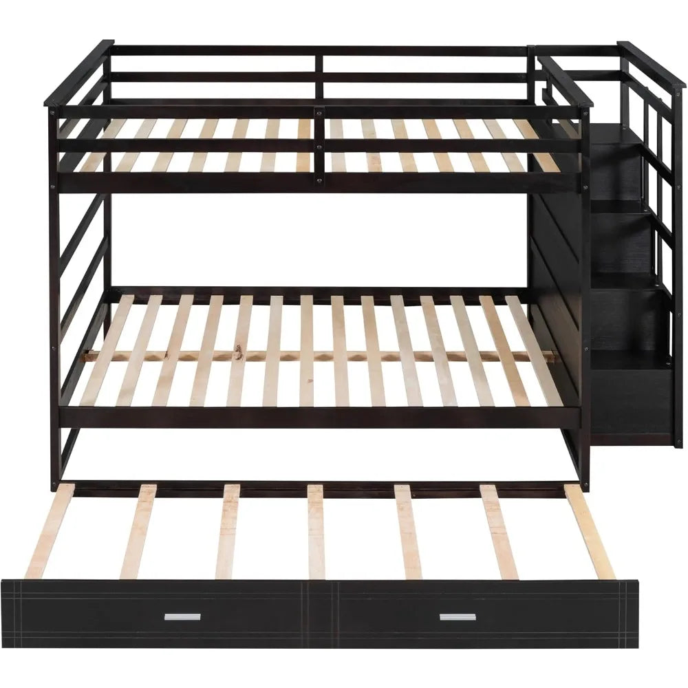 Full Over Full Bunk Bed with Twin Size Trundle and Stairs, and Storage Drawers