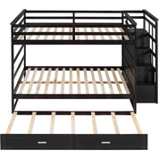 Full Over Full Bunk Bed with Twin Size Trundle and Stairs, and Storage Drawers