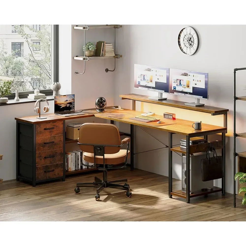 61" L Shaped Desk with Drawer, Computer Desk with Power Outlets & LED Lights, Reversible Corner Gaming Desk