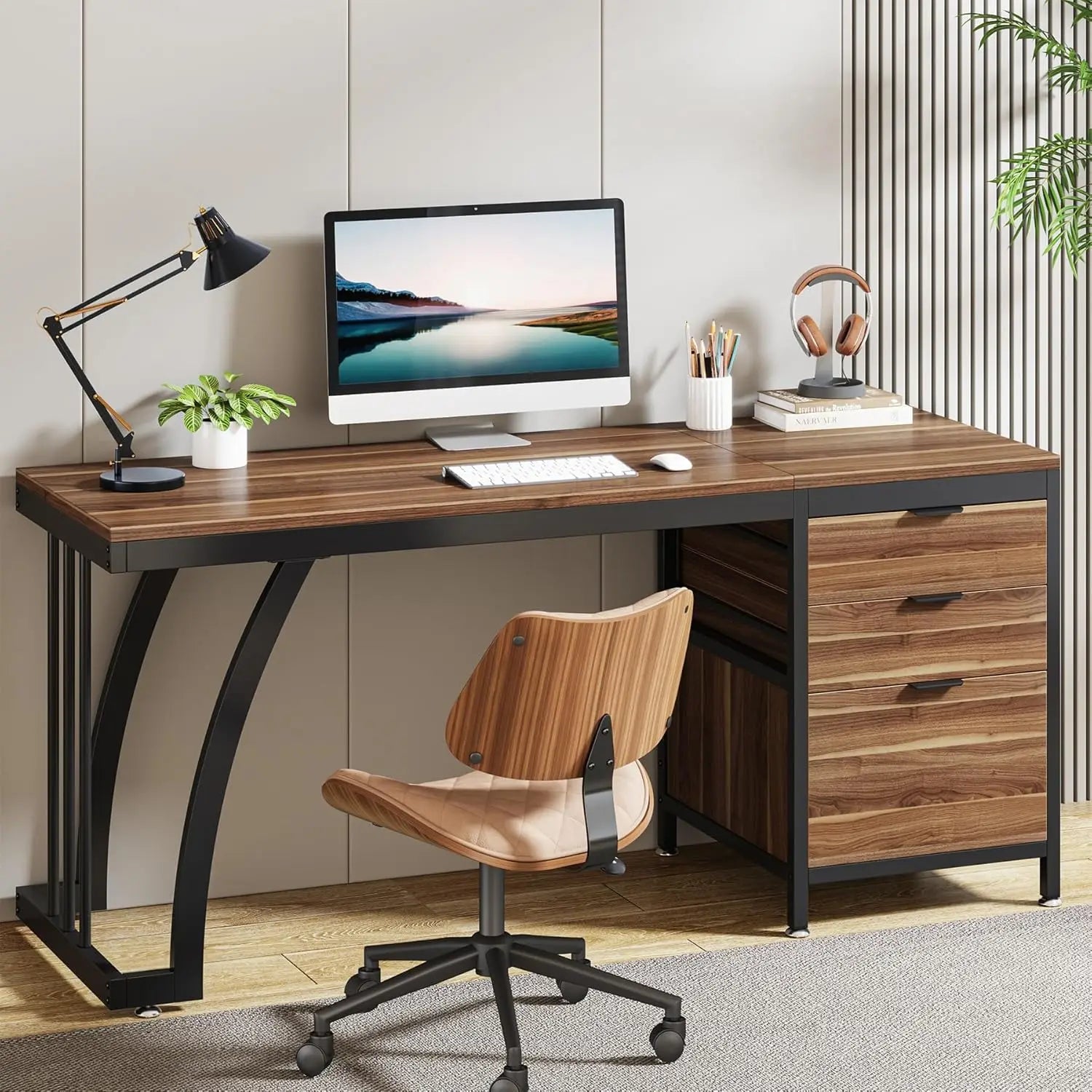 Computer Desk with 3 Drawers, 59-Inch PC Desk with Reversible Drawers, Industrial Study Writing Table Workstation with
