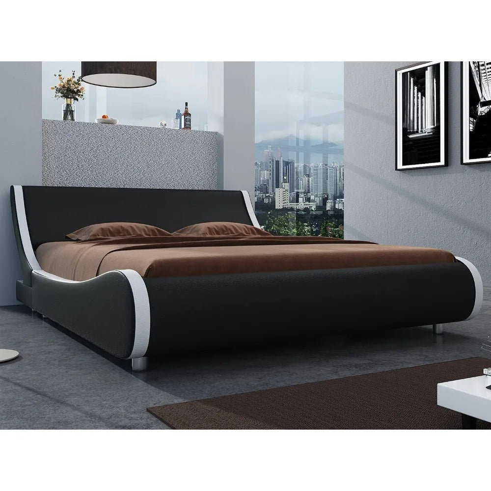 Bed Frame Full Size, Modern Low Profile Platform Stylish Faux Leather Upholstered Sleigh Bed with Adjustable Headboard,Bed Frame
