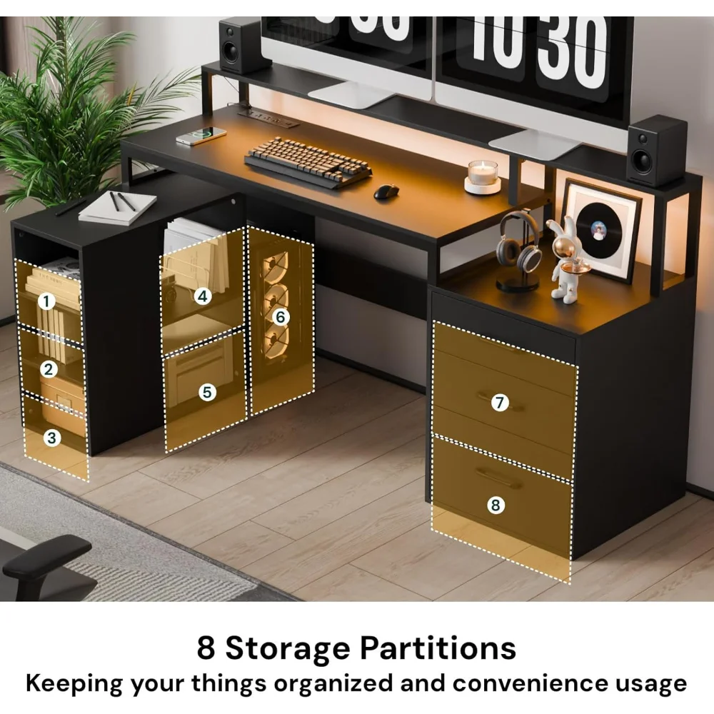 65.7" L Shaped Desk with Drawers, Corner Computer Gaming Desk with Power Outlet & LED Light, Office Desk with File Drawer