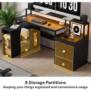 65.7" L Shaped Desk with Drawers, Corner Computer Gaming Desk with Power Outlet & LED Light, Office Desk with File Drawer