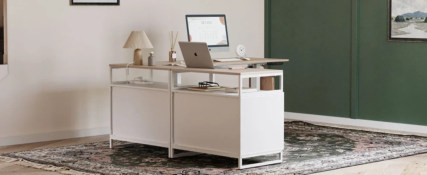 L-Shaped Executive Standing Desk with File Cabinet and Shelves, Electric Height Adjustable, Light Walnut