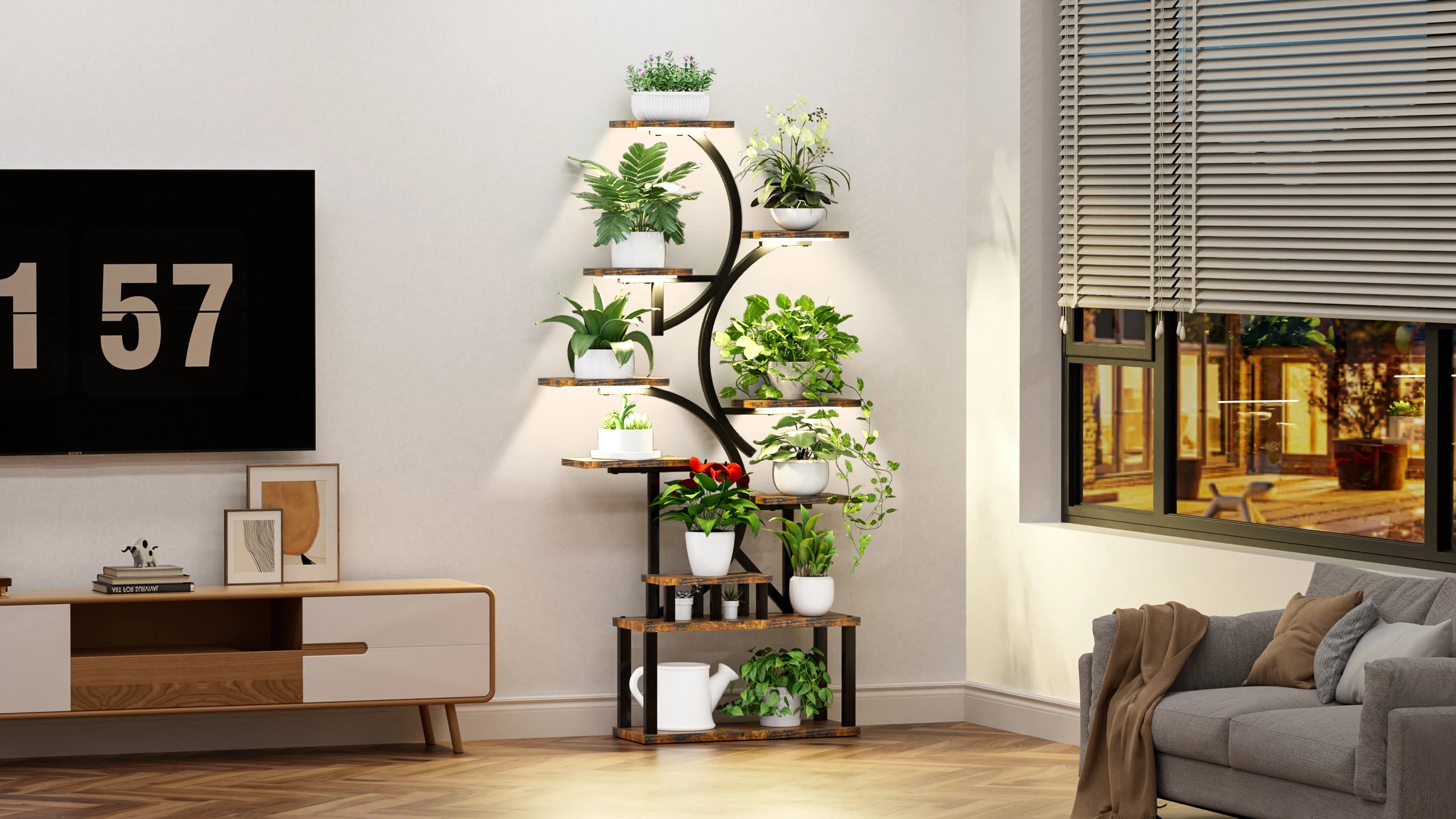 10-Tier Plant Stand with Grow Lights,S-Shaped Corner plant pack for Indoor Plants in Living Room,Garden,Patio,Deep Rustic Brown