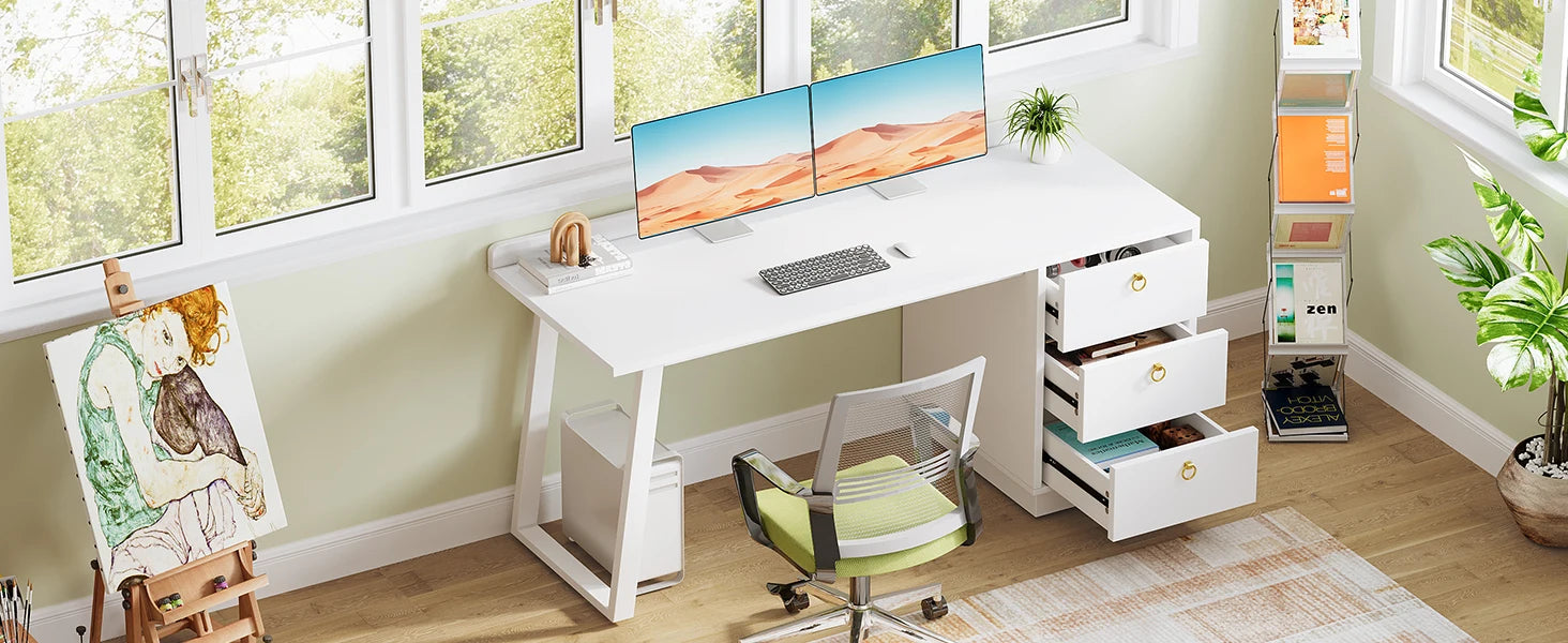 Tribesigns White Computer Desk with Drawers: 55 Inches Modern Home Office Desk with Storage, Small Wood Study Writing Work Table