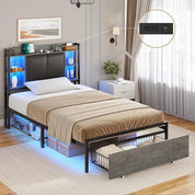 LED Twin Bed Frame w/Storage Drawers & Charging Station, Upholstered Bed Frame w/Headboard, No Box Spring Needed, Bed Frames