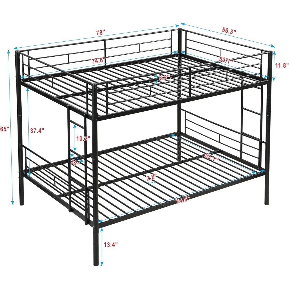 Full Over Full Bunk Bed for Teens, Heavy Duty Metal with Sturdy Guard Rail & 2 Side Ladders, Convertible Bunkbed,No Box Spring N