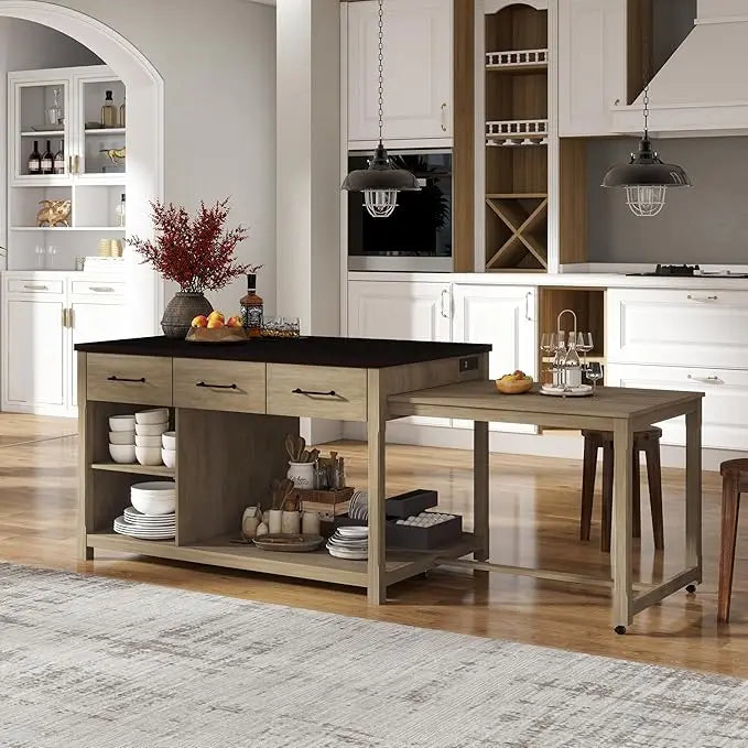 74.5" Kitchen Island with Extendable Dining Table,Rolling Kitchen Island on Wheels, Storage Cart with 4 Door Cabinet, Spice Rac