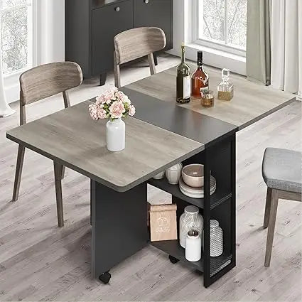 Folding Dining Table, Drop Leaf Dining Table for 4, Foldable Kitchen Table with 6 Wheels and 2 Storage Shelf, Space Saving Tabl