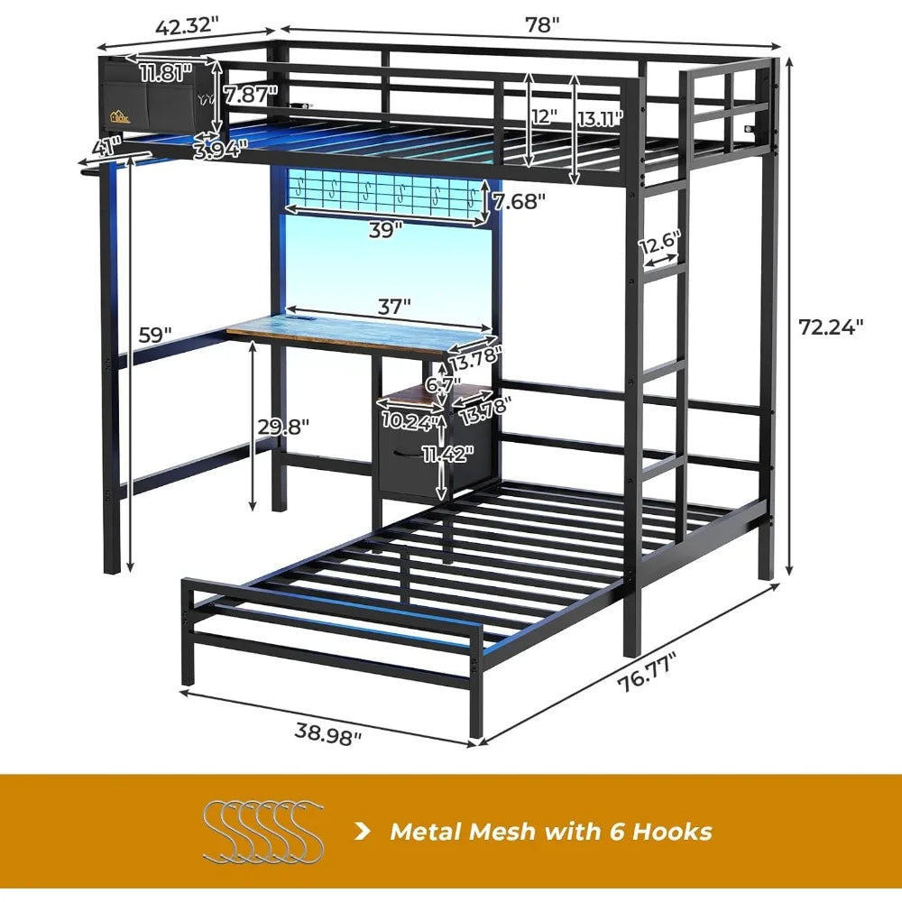 Bunk Bed Twin Over Twin Size with Desk and Charging Station L-Shaped Metal Bunk Bed with Led Lights & Storage Shelves and Drawe