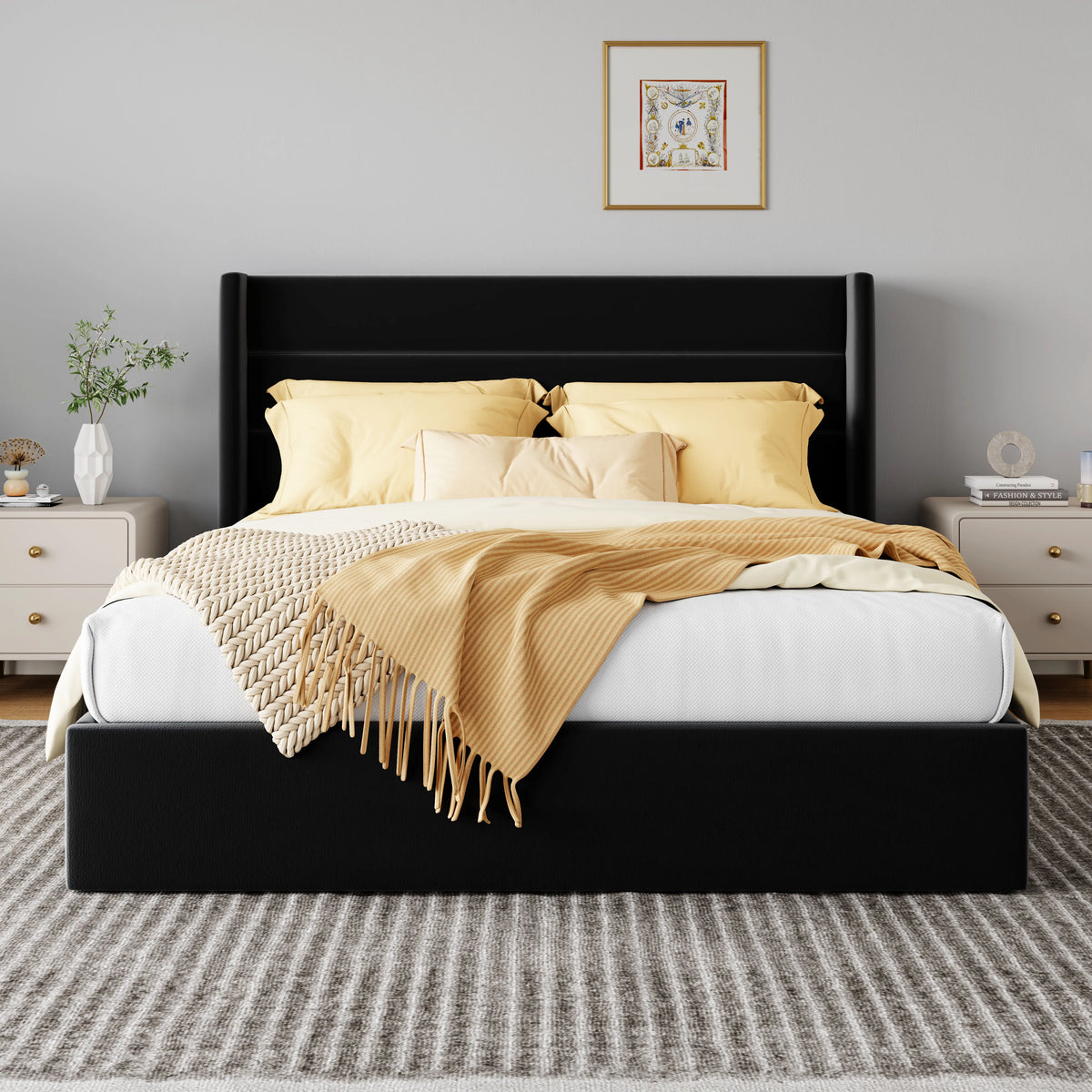 Lift Up Storage Bed with Wingback Headboard and Large Underneath Storage